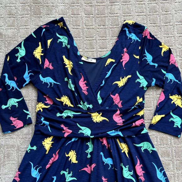 ModCloth Jessy B Navy Multicolor Novelty Dinosaur Dress Size XL V Neck Faux Wrap - Picture 2 of 7